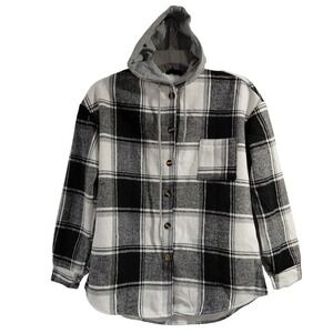 ChicMe Womens Plaid Hooded Shacket Black White Buffalo Check Fleece Lined Small